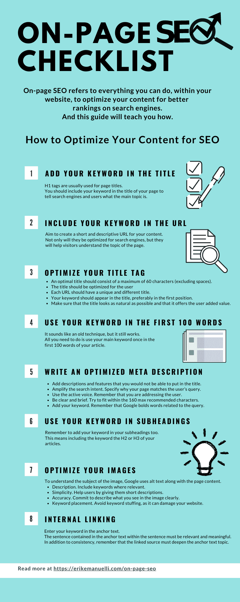 On page SEO checklist infographic by ErikEmanuelli.com