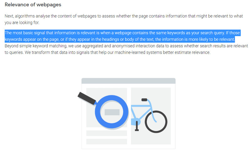 Relevance of webpages according to Google (creenshot taken from google_howsearchworks) Relevance of webpages_screenshot taken from google_howsearchworks