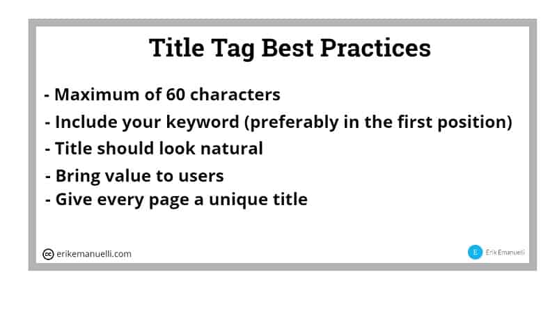 Title Tag Best Practices as suggested by ErikEmanuelli.com