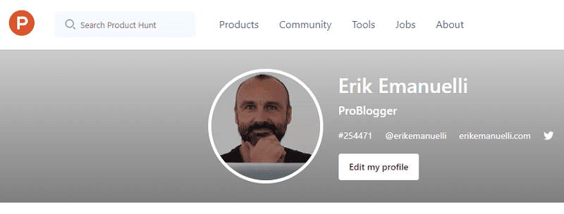 Erik Emanuelli profile page at ProductHunt