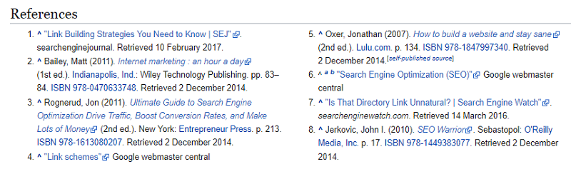 Example of links added in the references section of Wikipedia pages