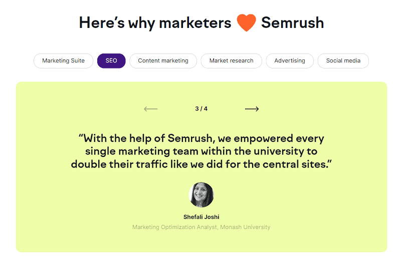 Example of testimonial for SEMRush