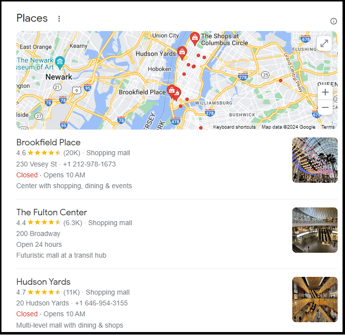 Google results for "New York city malls"