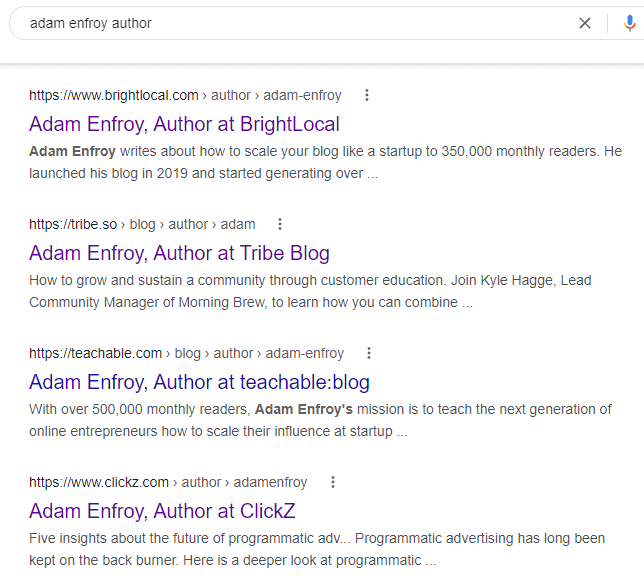Google results for the query "Adam Enfroy author"
