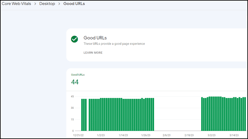 Example of good URLs in Google Search Console (Core Web Vitals section)