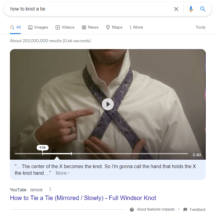 Position zero for the query "how to knot a tie"