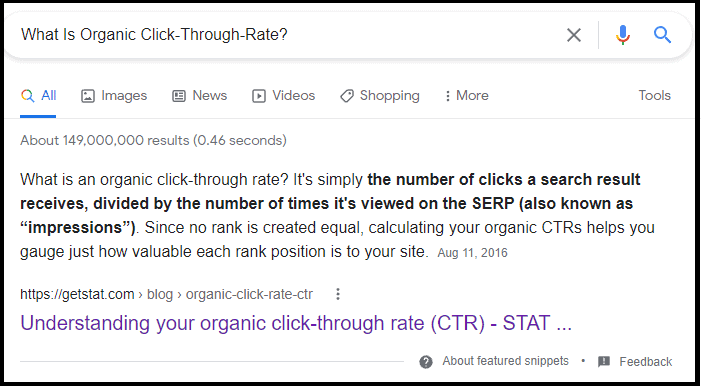 Featured snippet for the query: "What is organic click-through rate?"