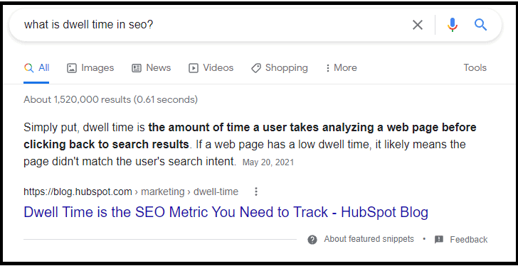 Featured snippet result for the query: "What is dwell time in seo?"