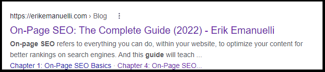 On page SEO complete guide by Erik Emanuelli as shown on SERPs with rich snippets