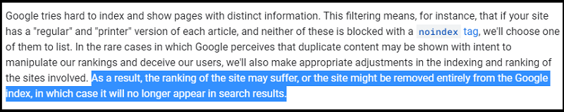 Penalization risk for duplicate pages, as stated by Google