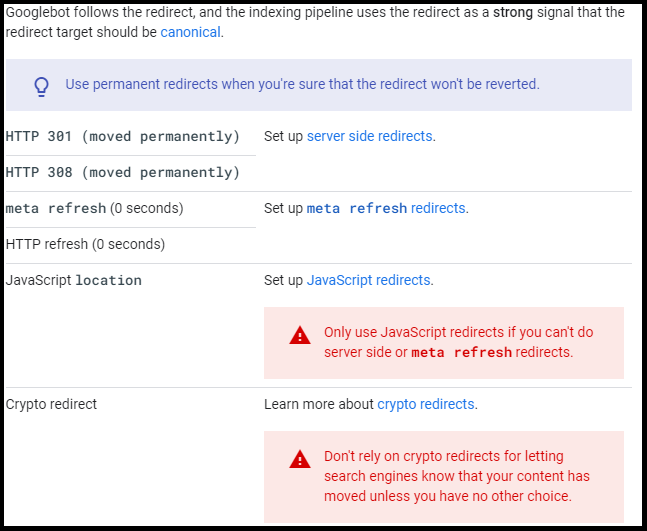 Redirects as explained in the documentation at Developers.Google.com