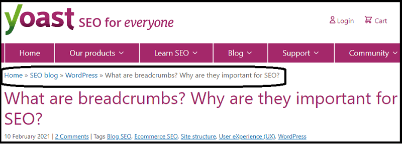 Example of breadcrumbs on Yoast.com