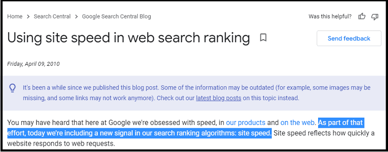Google is using site speed in web search rankings since 2010