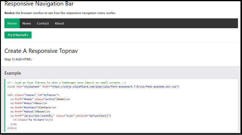 Instructions to create a responsive topnav at w3schoools.com