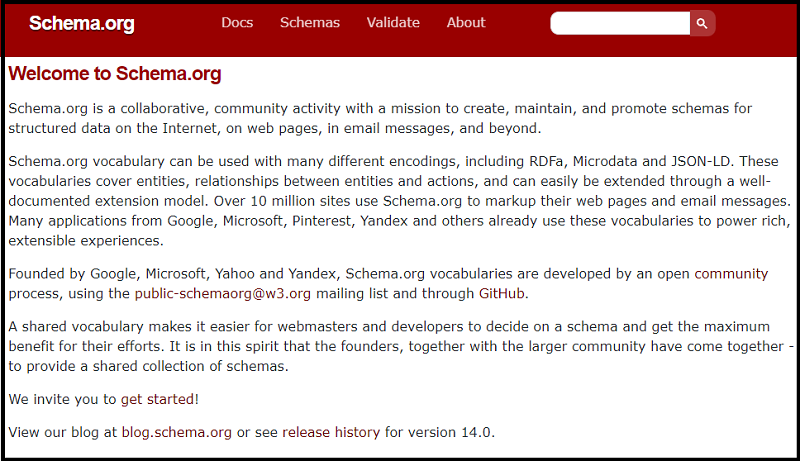Schema.org homepage screenshot