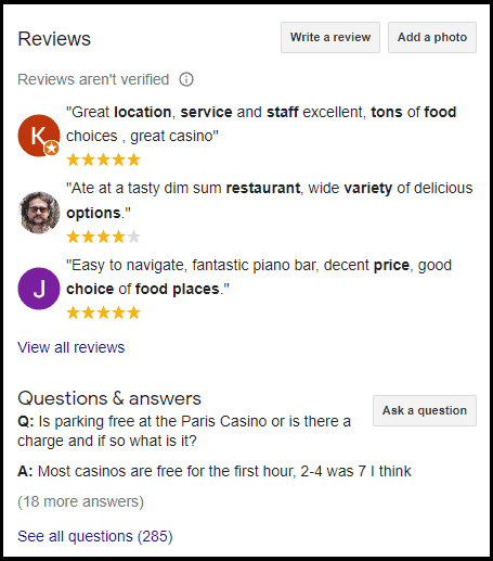 Example of google reviews in SERP