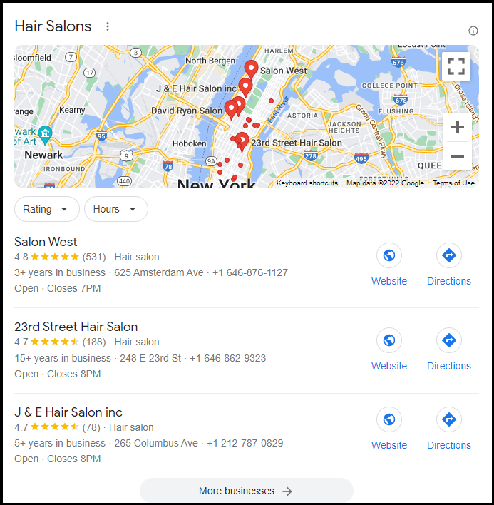 Example of local pack SERP feature