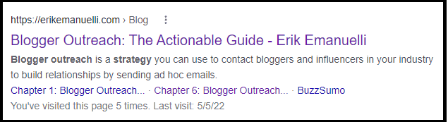 Example of optimized meta title and description and how it looks on the SERP (Blogger outreach guide by Erik Emanuelli)