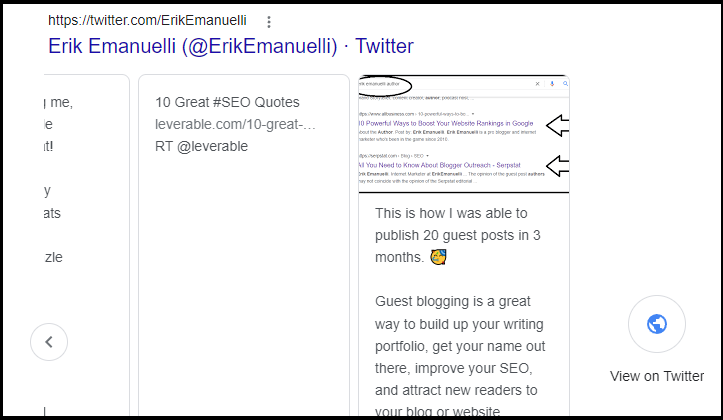Example of tweet as special SERP feature