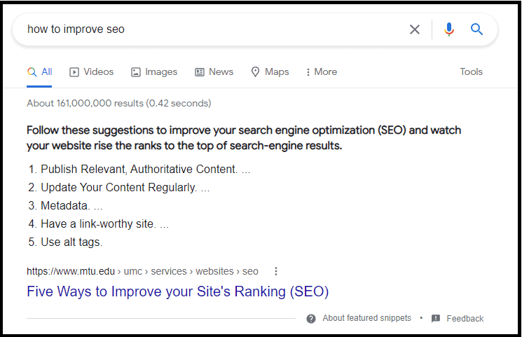 Featured snippet on Google for the query: "how to improve SEO"