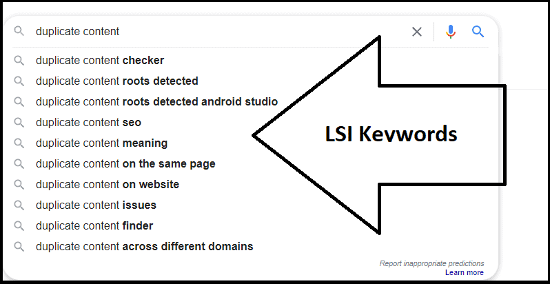 LSI keywords example for the terms "duplicate content" (using Google search)