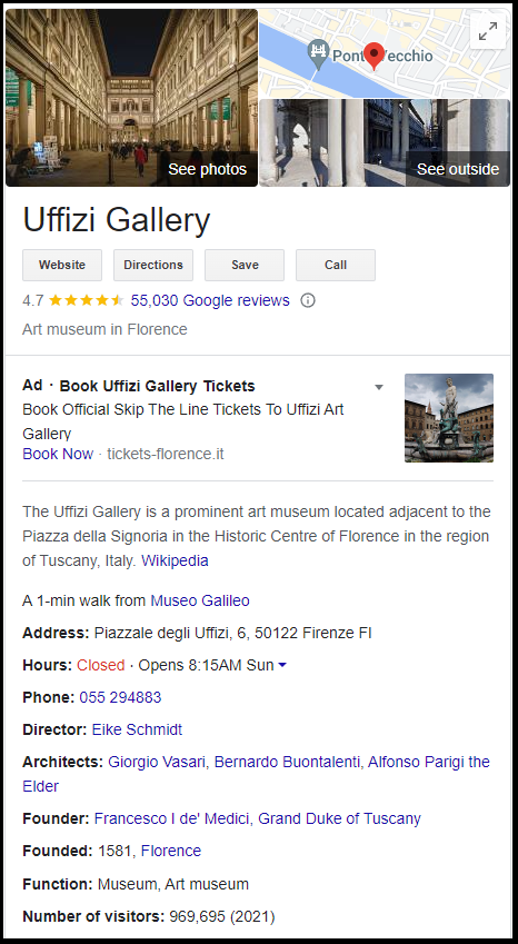 Local knowledge panel for the Uffizi gallery