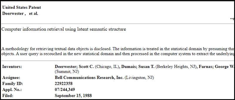 Original patent in 1989 about computer information retrieval using lantent semantic structure