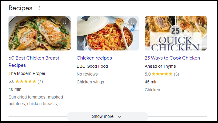 Recipe SERP feature for the query: "chicken recipes"