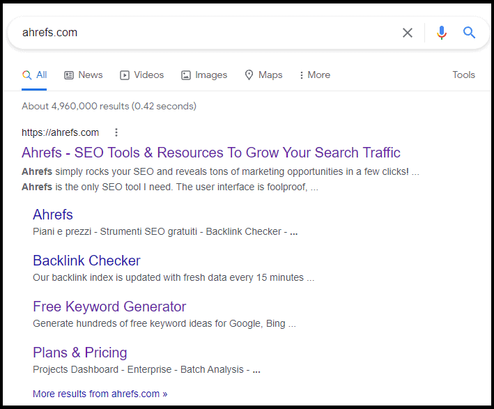 Sitelinks in Google search result for the query: "Ahrefs.com"