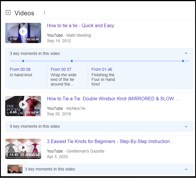 Video thumbanils as example of SERP feature