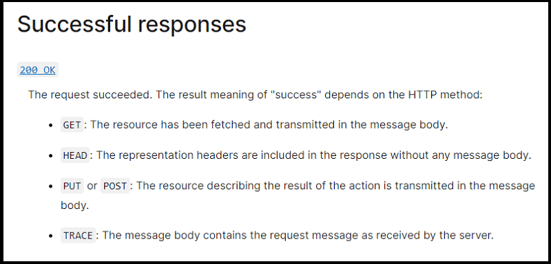 200 OK HTTP status code: the result meaning of success depends on the HTTP method (by Mozilla)