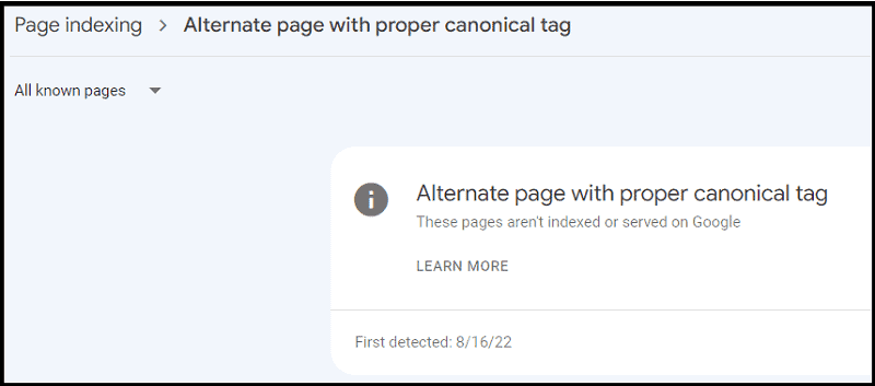 Finding alternate pages with proper canonical tags in Google Search Console