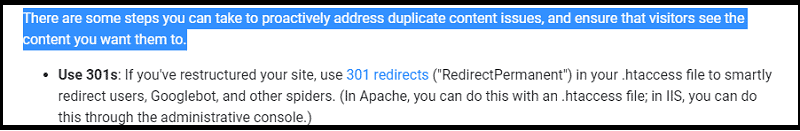 How to fix duplicate content with redirects (301 redirect) - Screenshot taken from Google Search Central