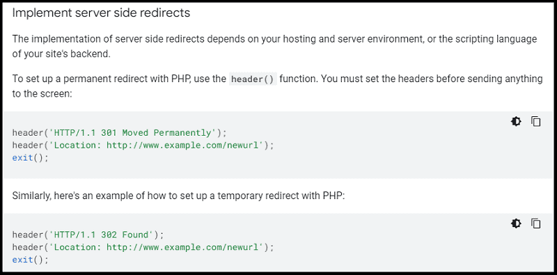How to implement server side redirects (Screenshot taken from Google Search Central)