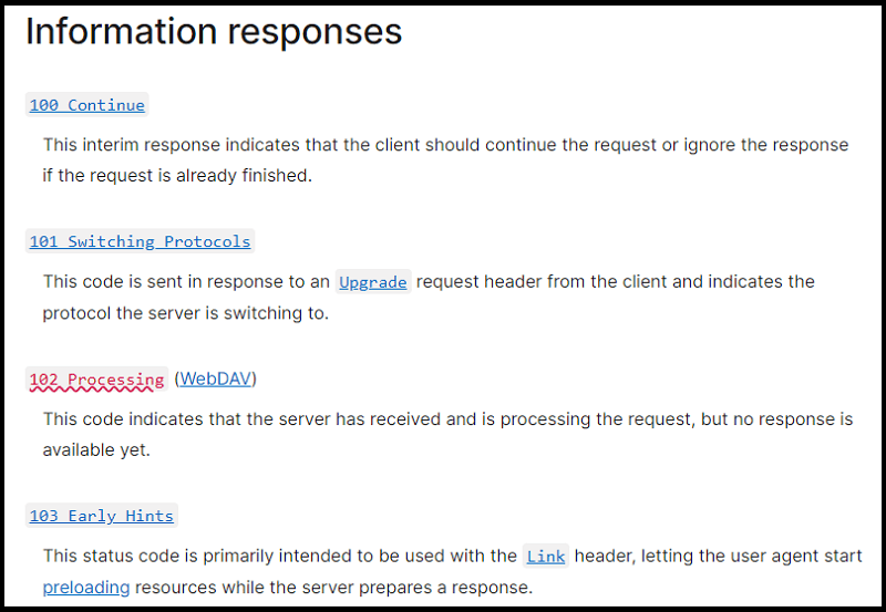 Information responses (HTTP status codes)as listed by Mozilla