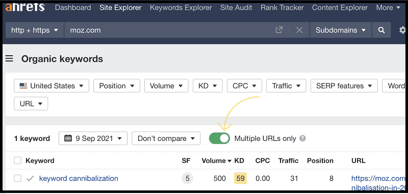Using Ahrefs Site Explorer feature to find keyword cannibalization issues
