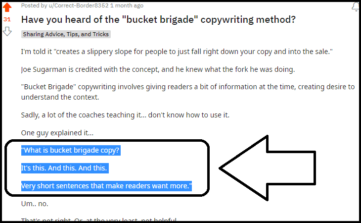 Bucket bridage in SEO copywriting explained by a Reddit user