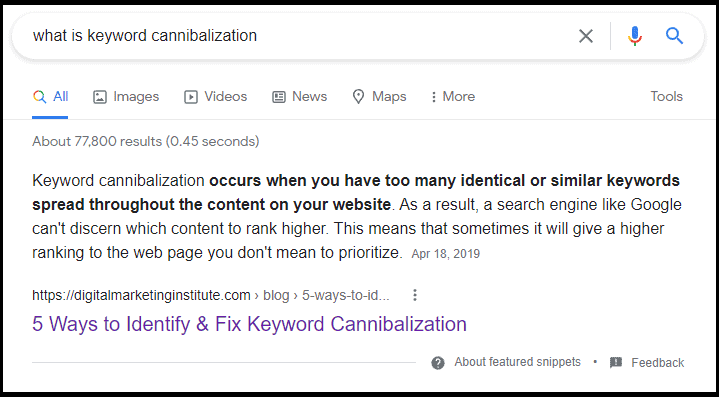 Featured snippet for the query _what is keyword cannibalization