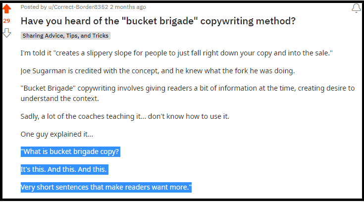 Thread about bucket brigade copywriting method on Reddit