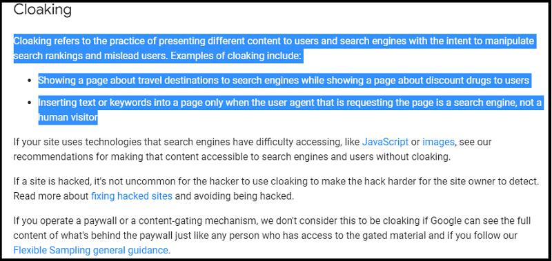 Cloaking as explained in Google Search Central