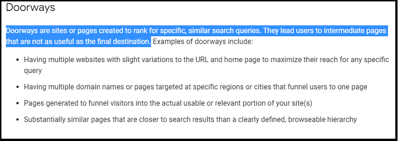 Doorways is against Google Search Essentials
