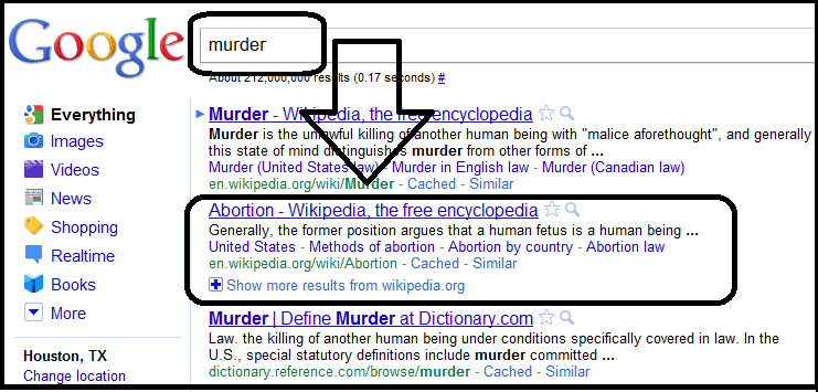Example of Google bomb where "murder" search query was leading to the abortion Wikipedia page