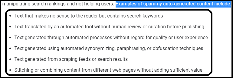 Examples of spammy auto generated content as listed by Google Search Essentials documentation