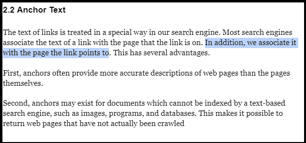 Excerpt from Google original paper talking about anchor text