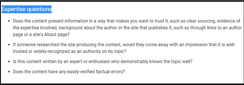 Expertise questions to help site owners create helpful content (according to Google Search Central)