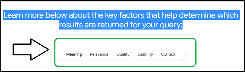 Five key factors that help determine which results are returned for a given query according to Google