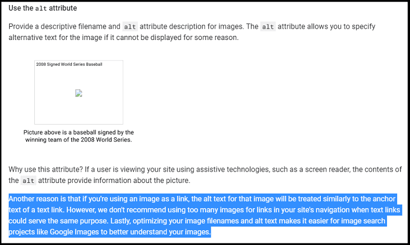 Google Search Central documentation about the alt attribute treated as the anchor text in case of using an image as a link