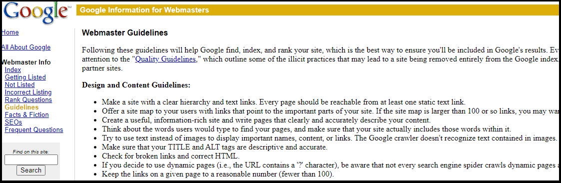 Google Webmaster Guidelines (screenshot of Google in 2002)