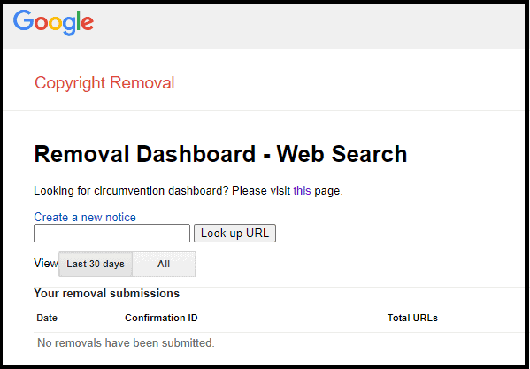 Google copyright removal dashboard (screenshot)