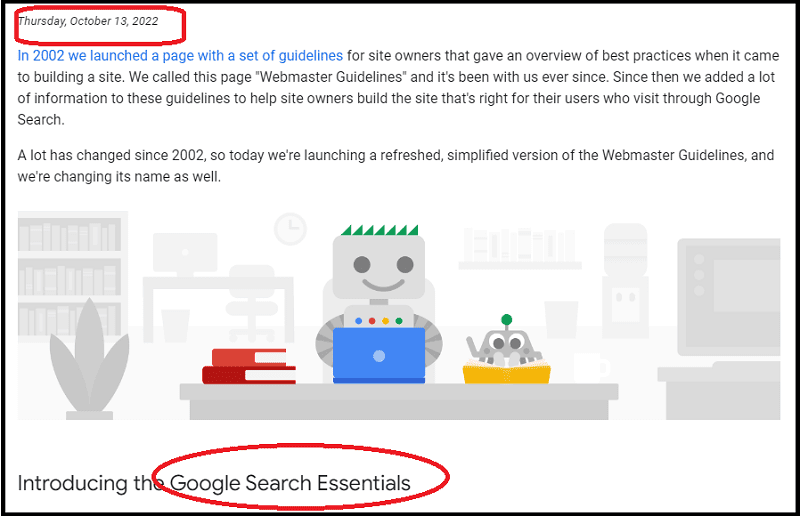 News released by Google on Google Search Central about the new Google Search Essentials documentation